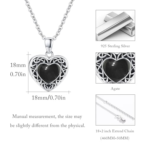 Locket Necklace for Women 925 Sterling Silver Celtic Locket Pendant Necklace Moonstone/Turquoise/Black Agate Heart Shaped Locket Necklace Jewelry Gifts for Women - style: Black Agate
