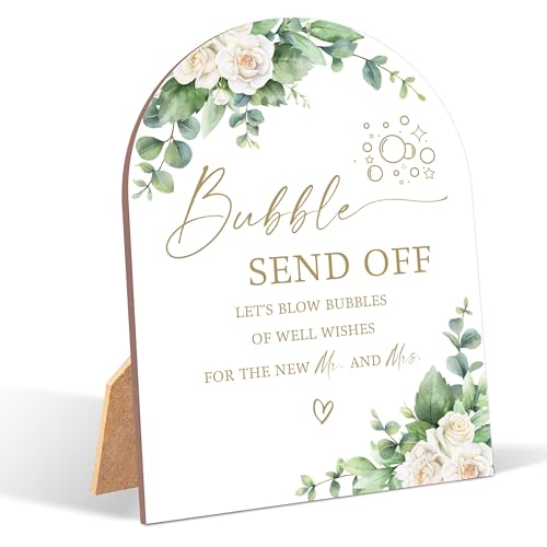 White Rose Bubble Send Off Sign, Wedding Ceremony Signs, 6 x 8 Inch Arch Wooden Tabletop Sign with Stand, Wedding Reception Decoration Supplies (BJ10) - color: Multicolor-10