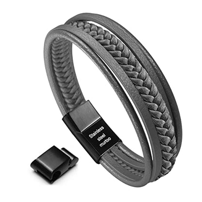 Mens Leather Bracelet with Clasp Cowhide Multi-Layer Braided Leather Mens Bracelet - style: Dim Grey&Black Clasp 8.5