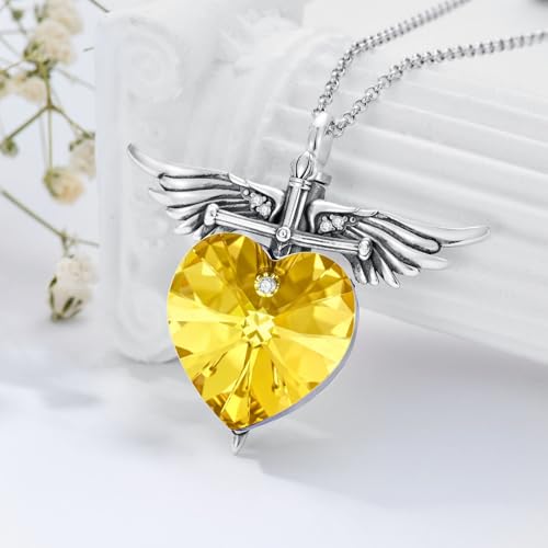 SOULMEET Memorial Wings Necklace for Ashes with Large Heart Crystal Birthstone, Angel Wings Urn Necklaces with Heart Shaped Birthstone Keepsake Silver Cremation Jewelry - style: K-November