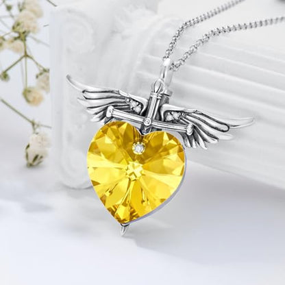 SOULMEET Memorial Wings Necklace for Ashes with Large Heart Crystal Birthstone, Angel Wings Urn Necklaces with Heart Shaped Birthstone Keepsake Silver Cremation Jewelry - style: K-November