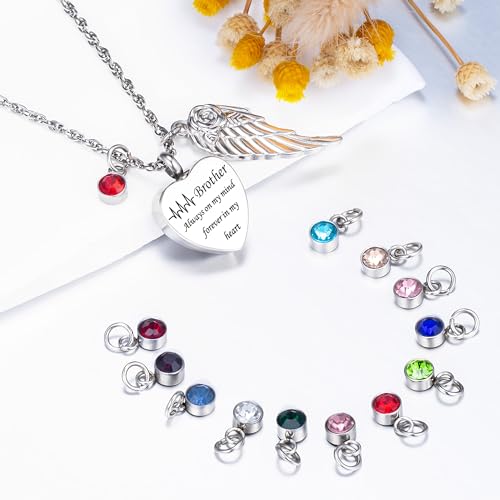 Gredstar Heart Urn Necklace for Ashes, ECG Memorial Pendant | Heartbeat Line, Angel Wing, 12 Birthstones, Stainless Steel, Screw Closure, Funnel & Box Included - style: Brother