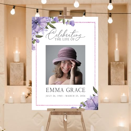 Custom Celebrating The Life Sign With Photo Purple Floral In Loving Memory Blush Flower Life Celebration Sign Memorial Service Funeral, Obituary Memorial Service, Funeral program - color: Design 8