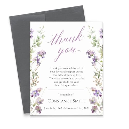 Personalized Funeral Thank You Cards, FLAT Note Cards with Envelopes, Wildflower Stationery with Name, Purple Floral Note Cards, Memorial Thank You Cards, Your Choice of Quantity and Envelope Color - color: Lavender
