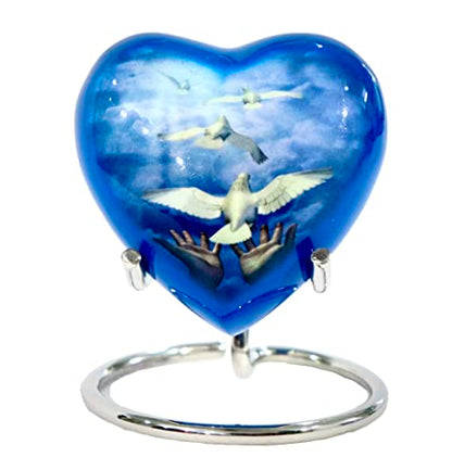 Heart Urn for Sacred Ashes Adult Male Female | Funeral Gift Pack of Dove Painted Small Heart Urn, Display Stand, Velvet Carry Bag, a Paper Funnel with Magnetic Closure Gift Box - color: Blue White-dove-heart