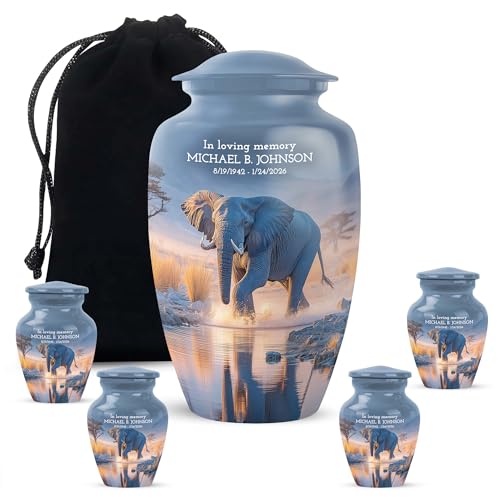 Elephant Customized Large Urn 10 & 3 Inch for Adults, Burial Urns Set of 5 | Blue Decorative Urn for MoM Ashes, Small Funeral Urns, Memorial Urn for Dad - color: Elephant-4, size: 10 Inch & keepsake-4