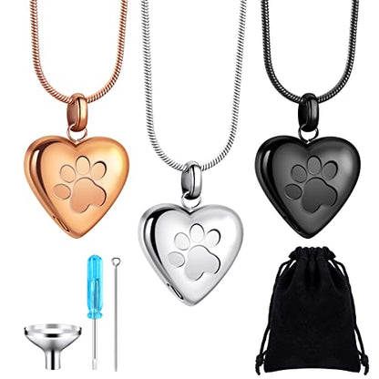 3 Pcs Pet Ashes Necklace for Dogs Urns Cremation Jewelry Paw Print Heart Stainless Steel Pendant Memorial Ashes Necklace with Filling Kit Keepsake Jewelry for Pet Dog Cats Keepsake