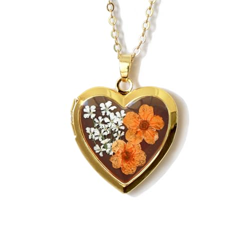 Handmade Heart Shaped Dried Pressed Forget Me Not Flower Photo Locket Pendant Necklace - color: Gold, style: ORANGE+BROWN