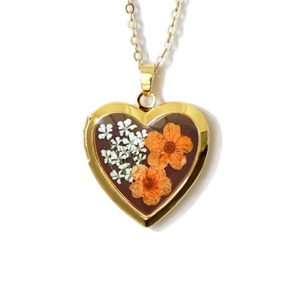 Handmade Heart Shaped Dried Pressed Forget Me Not Flower Photo Locket Pendant Necklace - color: Gold, style: ORANGE+BROWN