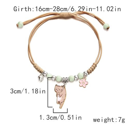POYAMUSE Lovely Cat and Flower Strand Bracelet - Colorful Beads, Adjustable for Women - color: Ginger green