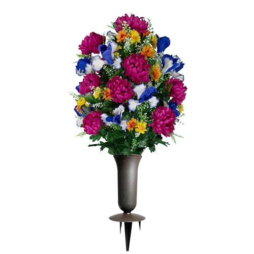 Sympathy Silks Artificial Cemetery Flowers - Gravesite Flowers - Fuchsia Mums with Blue Iris - (1) Bouquet (1) Cemetery Vase - size: Bouquet w/ Vase