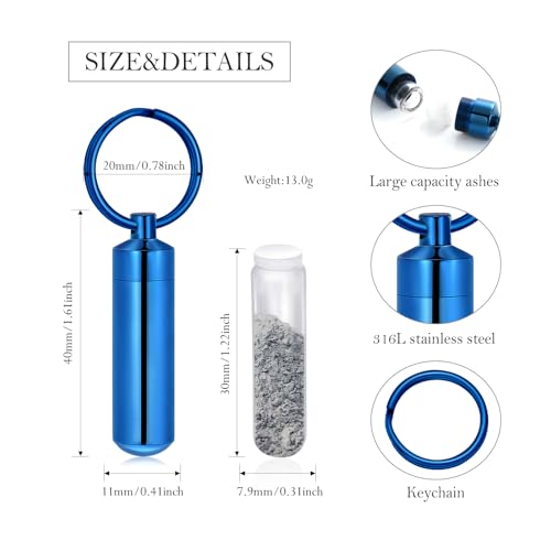 Cylinder Urn Necklace for Ashes with Glass Vials Cremation Jewelry Stainless Steel Ash Holder Keepsake Memorial Jewelry with Fill Tool - color: Keychain Blue