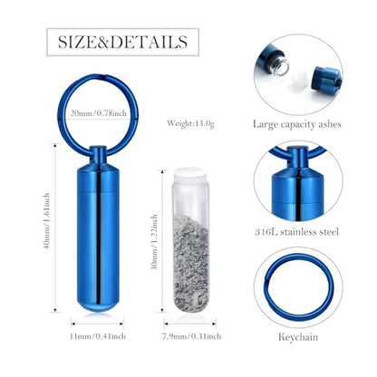 Cylinder Urn Necklace for Ashes with Glass Vials Cremation Jewelry Stainless Steel Ash Holder Keepsake Memorial Jewelry with Fill Tool - color: Keychain Blue