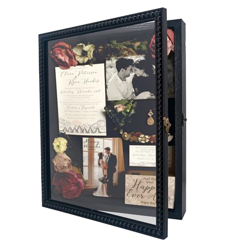 FramePro Shadow Box 11x14 Front Open with Hinge Beaded Designed Display Case with Linen Back, Picture Frame Wedding Bouquet Memorabilia Medals Photos Memory Box for Keepsakes Black - color: Black, size: 11x14