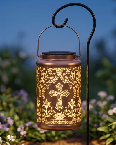 Solar Lantern with with Shepherd Hook Hanging Pole, Cross, Religious Decorations | Decorative Outdoor Waterproof Garden Lantern | Catholic Christian Gift Idea for Home, Yard, Patio, Backyard, Porch