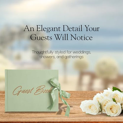 Wedding Guest Book with Keepsake Pocket & Satin Bow Closure Linen Hardcover - color: Sage Green