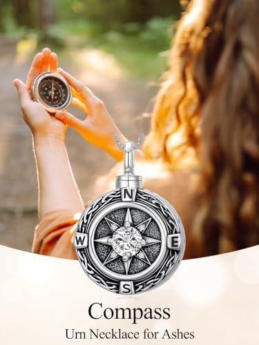 TOUPOP Tree of Life Urn Necklace for Ashes 925 Sterling Silver Cremation Jewelry Memorial Gifts Keepsake Jewelry with Funnel Filler for Women - style: 3-Compass