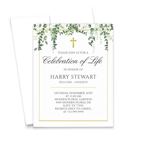 Personalized Printed Celebration of Life Invitations With Envelopes, FLAT In Loving Memory Invitation With Gold Border, Memorial Service Invitation Cards, Your Choice of Quantity and Envelope Color - color: Greenery