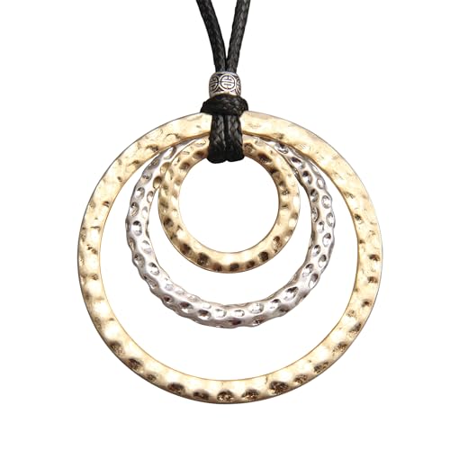 PU Leather Necklace Vintage Boho Multilayer Pendant for Women Men | Bohemian Hippie Style, Handmade Alloy Sweater Choker, Easy Adjustable Long Cord, Fit Daily Holiday Party Outfits,Jewelry Gift - color: Gold Silver 3 Rings Pendant Necklace