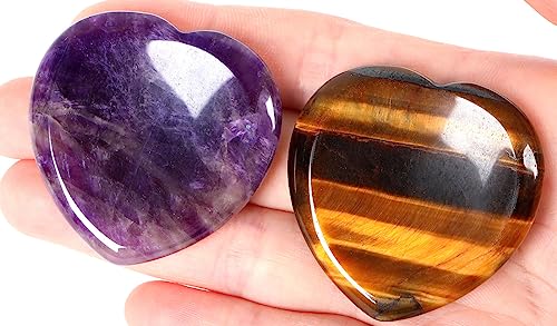 QINJIEJIE 2PCS Worry Stones for Anxiety Amethyst Tiger Eye Crystals Thumb Heart Shaped Quartz Crystal Palm Polished Gemstone Pocket Massage Natural Gem Reiki Meditation Stress Relief Gift for Women - color: C-amethyst+tiger Eye