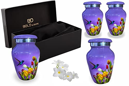 BOLD & DIVINE Cremation Urns for Human Ashes - Decorative Aluminum Urns for Human Ashes Female & Male, Purple Hummingbird Pattern Funeral Urns with 4 Small Keepsakes - size: Small_Set Of 4