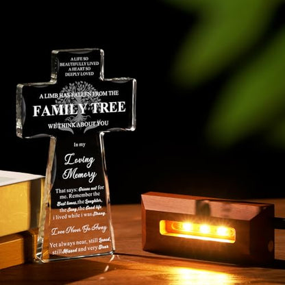 BLUEBOOK Sympathy Gifts for Loss of Loved One - Family Tree Religious K9 Crystal Cross 4.3x7 Inch,Memorial Gifts for Loss of Mom Dad with Laser Engraving,Condolences Bereavement Remembrance Gift in Memory of Pet Dog Cat - style: LED Glass Cross-Tree Light