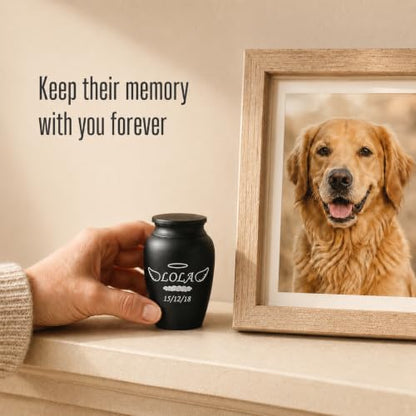 Personalized Cremation Keepsake Pet Ashes & Fur Mini Urn Waterproof with Airtight with Airtight Closure Customized Text Engraving Vase Container Memorial Dog (Angel Wings & Halo)