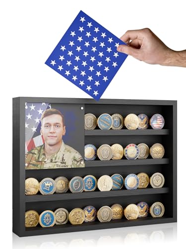 Challenge Coin Display Case, with Integrated Acrylic Photo Frame | Pre-set Flag Star Card, 4 Rows 2 Grooves Wooden Display Box, 15.7"×11.8" Military Coin Holder for Service Members & Veteran