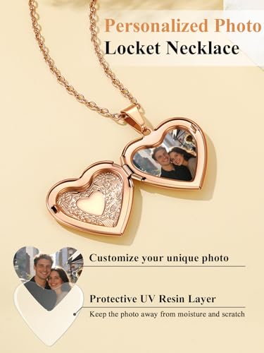 Custom4U Personalized Heart Locket Necklace with Pictures,Sunflower/Angel Wings/Heart Shaped Lockets Custom Photo,Gold/Rose Gold/White Lockets That Holds Picture,Customized Memorial Jewelry for Women - color: B-Heart-Rose Gold(Locket + Photo + Engraving)