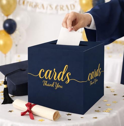 Blue and Gold Card Box for Party Graduation, Baby Bridal Shower, Birthday, Funeral, Wedding 7.8 x 7.8 x 7.8 In Gift Card Holder Box for Reception Raffle Voting Box with Slot - color: BlueGoldTks