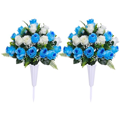 Set of 2 Artificial Cemetery Flowers with Vase,Grave Memorial Flowers,Artificial Rose Bouquet Decoration for Cemetery Headstones Gravesites (White & Blue, 2 Bouquets) - color: White & Blue