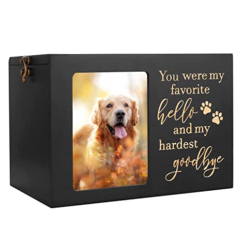 Pet Memorial Urns for Dog or Cat Ashes, Large Wooden Funeral Cremation Urns with Photo Frame, Keepsake Memory Box with Black Flannel Lining - size: Large - Capacity 90 Cubic Inches