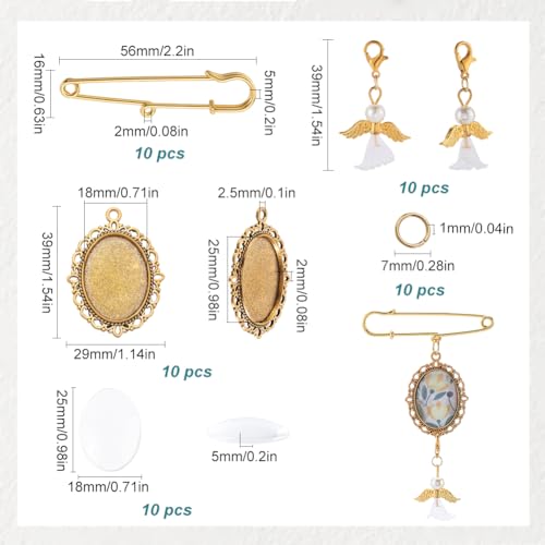 SUNNYCLUE 1 Box 10 Sets Gold Wedding Bouquet Photo Charms Memorial Picture Charm Personalized Glass Oval Picture Cabochons Brooch Pin Angel Wing Charms Kits for Wedding Bride Groom Party Gifts Flowers