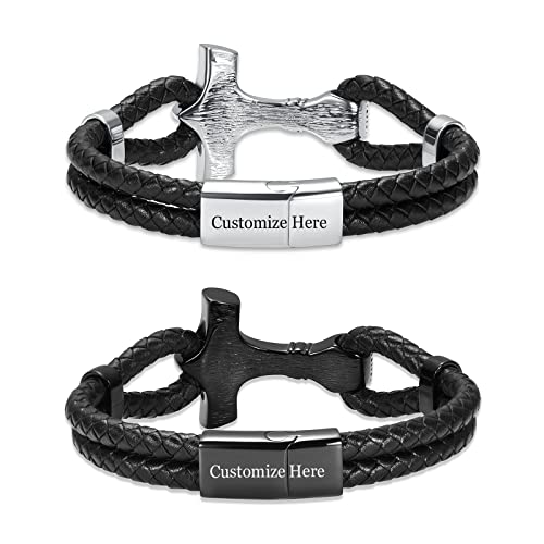 constantlife Viking Thor's Hammer Cremation Bracelet for Ashes for Men Braided Leather Wristband Cuff Bangle Memorial Urn Jewelry Funeral Keepsake Gift - color: A-Customize, size: 22cm