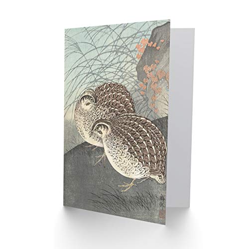 Artery8 Ohara Koson Two Quail Full Moon Japanese Painting Fine Art Greeting Card Plus Envelope Blank Inside - color: Two Quail