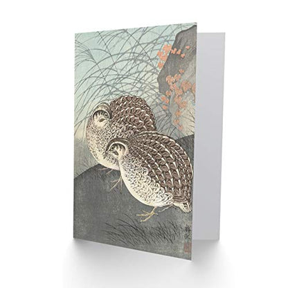 Artery8 Ohara Koson Two Quail Full Moon Japanese Painting Fine Art Greeting Card Plus Envelope Blank Inside - color: Two Quail