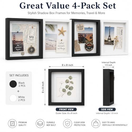 4 Pack Shadow Box Frame Display Cases, 8"x 8" Wood Deep Black Handicrafts Shadowbox Picture Frame for Flowers Jersey Baby Wedding Dress (Black&White) - color: Black&white, size: 8X8