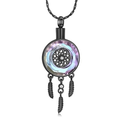 constantlife Circle of Life Dreamcatcher Cremation Jewelry for Ashes Stainless Steel Crystal Pendant Urn Necklace Keepsake Human Pet Memorial Gift for Women Men - color: Black-Purple