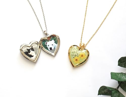 Handmade Heart Shaped Dried Pressed Forget Me Not Flower Photo Locket Pendant Necklace - color: Silver, style: Yellow+LightGreen