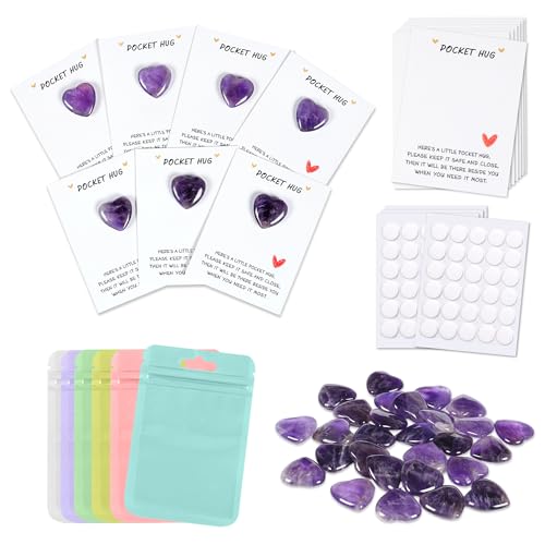 28 Sets Bulk Pocket Hug Amethyst Heart Worry Stone Keepsake Exchange Relationship Cards for Colleagues Family Distance Social Celebration of Life Gift - color: Amethyst