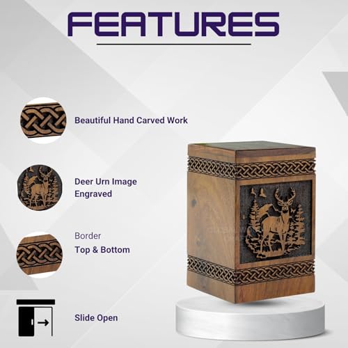 Handcrafted Wooden Cremation Urn for Ashes – Premium Polished Wood with Engraved Deer & Forest Design, Celtic Knot Detailing – Memorial Urn for Human Ashes, Keepsake