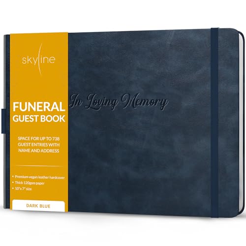 Skyline Funeral Guest Book, Sign In Name & Address, Hardcover Dark Blue | 10”x7”, Elegant sign-in guestbook for memorial service & celebration of life with large signature space, Memory book - color: Dark Blue, size: Smaller than A4 (10" x 7")