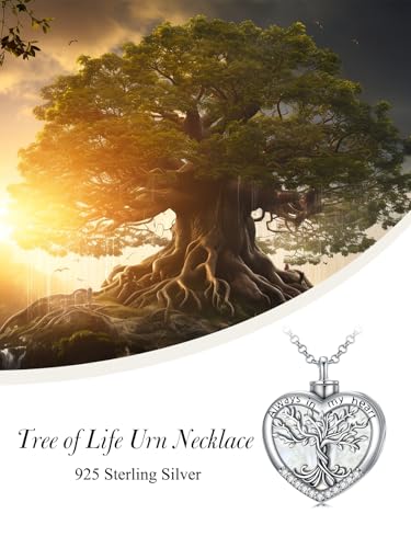 TOUPOP Tree of Life Urn Necklaces for Ashes 925 Sterling Silver Heart Cremation Jewelry Memorial Keepsake Jewelry with Funnel Filler for Women Men - color: A-Heart Tree of Life-Pearl Shell