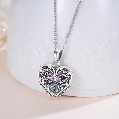 Heart Photo Locket Necklace Sterling Silver for Women | Dragonfly, Butterfly, Turtle, Dog Paw and Mother Daughter Styles, Jewelry Gifts for Mom Christmas Birthday Anniversary. - style: 1-Dragonfly-Purple
