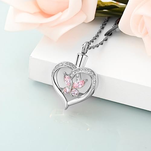 Imrsanl Butterfly Heart Pendant Cremation Urn Necklace for Women - color: Silver-Pink