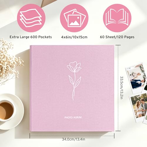 DazSpirit 4x6 Photo Album, 600 Photos, Large Capacity, Linen Hardcover | Pink Floral Photo Book, Acid-Free Slip-In Pages, Memory Album for Wedding, Baby, Anniversary, Travel and Family Photos - color: Pink
