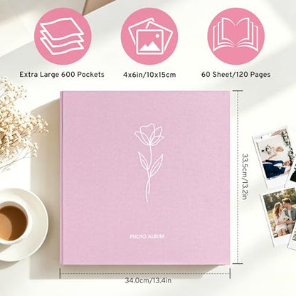 DazSpirit 4x6 Photo Album, 600 Photos, Large Capacity, Linen Hardcover | Pink Floral Photo Book, Acid-Free Slip-In Pages, Memory Album for Wedding, Baby, Anniversary, Travel and Family Photos - color: Pink