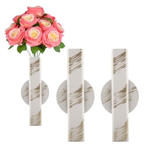 Self Adhesive Wall Vase Metal Tube Decoration Holder Used to Display Dried Flower, Faux Flowers, Fake Flowers, Also Suitable for Cemetery Memorial Decoration (2 Pcs White Gold Stripe) - color: 2 Pcs White Gold Stripe