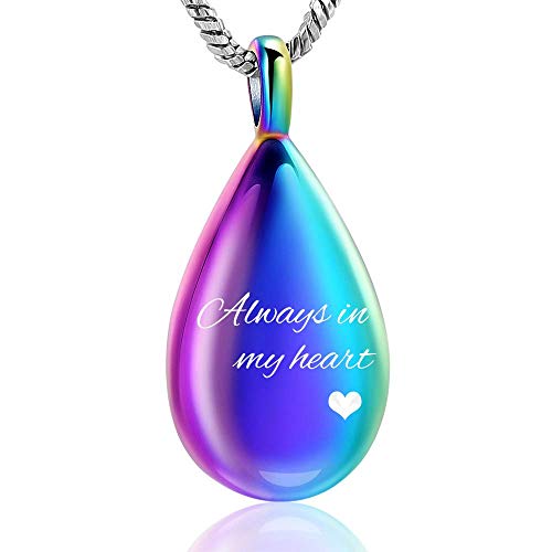 Yinplsmemory Carved Teardrop Keepsake Ashes Necklace Urn Pendant Cremation Memorial Jewelry-Always in my heart - color: Rainbow
