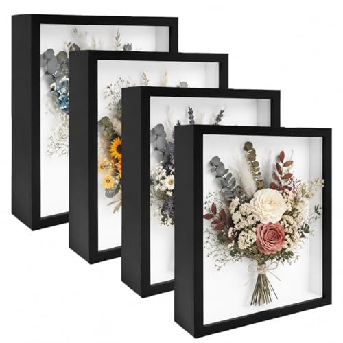 4 Pack Shadow Box Frame Display Cases, 8"x 10" Wood Deep Black Handicrafts Shadowbox Picture Frame for Flowers Jersey Baby Wedding Dress（Black） - color: Black, size: 8X10